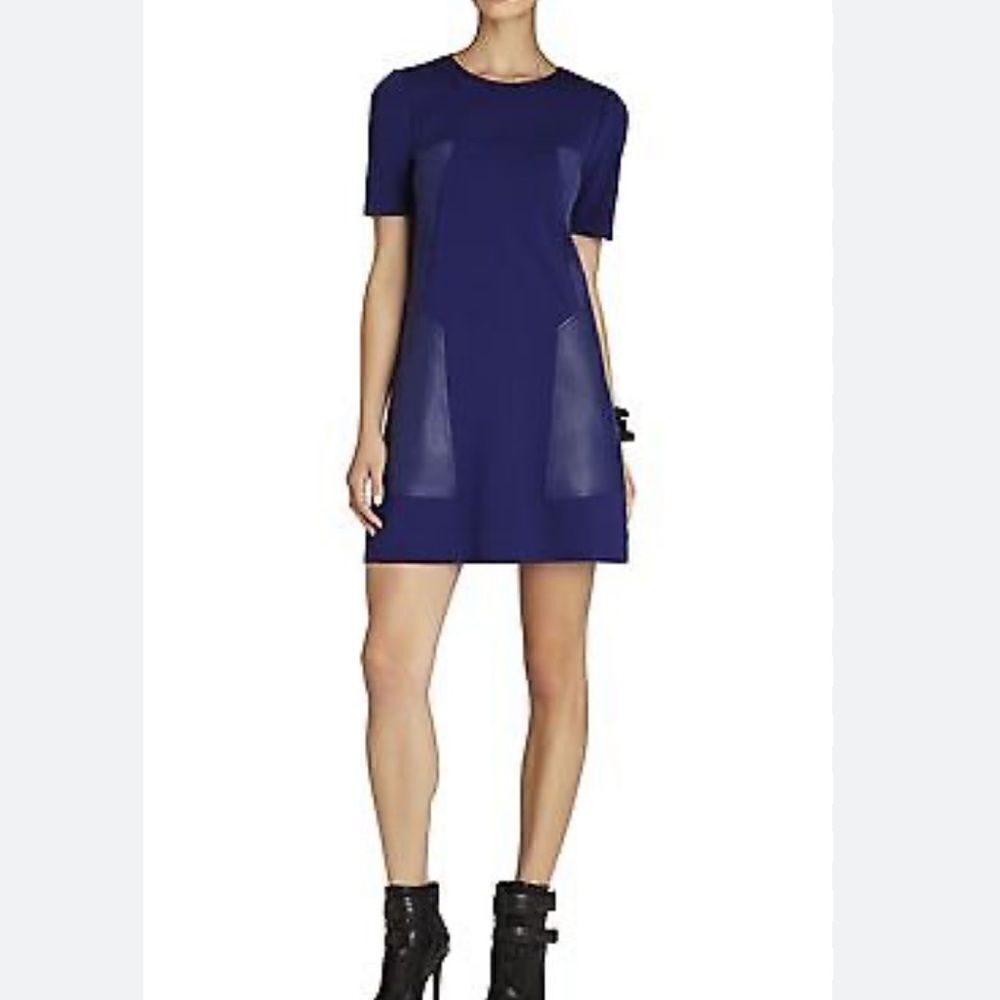 BCBGMAXAZRIA Crissie Cobalt Blue Faux Leather Ponte Knit Shift Dress